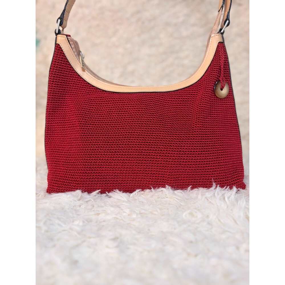 Vintage 'The Sak' Red Crochet Knit Hobo Bag with Tan Leather Trim Mint Condition